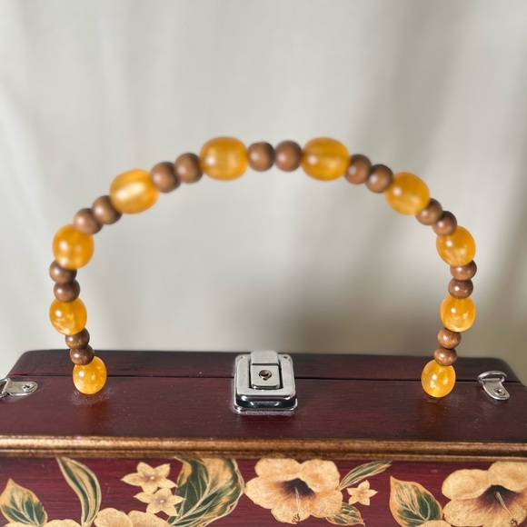 Floral Wooden Handbag with Beaded Handle - Picture 5 of 13